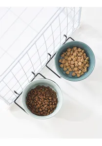Detail view of dual hanging ceramic pet bowls with black wire metal cage mount