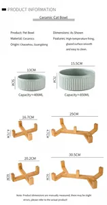 Size chart showing ceramic pet bowls and bamboo stands with capacities of 400ml and 850ml