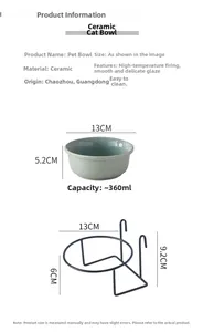 Detailed size parameters of 13cm ceramic pet bowl with black metal hanging bracket