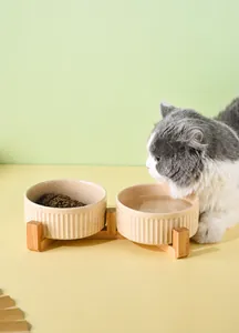 Ceramic elevated double cat bowls with tilted wooden stand for cervical protection