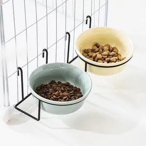 Hanging Ceramic Cat Bowl With Metal Hook Stand Anti-Tipping Pet Food Water Bowl For Cages Small Dogs 13cm Pet Feeder