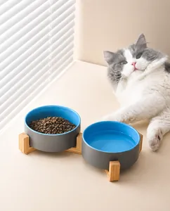 Detail of dual ceramic pet bowls with solid wood stand and modern elevated design