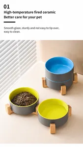 Ceramic pet bowl set with wooden stands and smooth glaze for food and water feeding