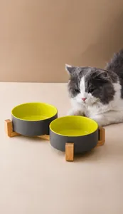 Elevated dual ceramic pet bowls with green interior glaze and wooden stand