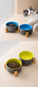 Close-up of ceramic cat bowl set with wooden stand and wide rim for neck protection