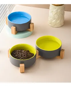 Ceramic pet bowl with elevated wooden stand for food and water in a cozy home setting