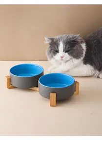 Modern dual ceramic cat bowls with bamboo stand and blue glazed interior detail