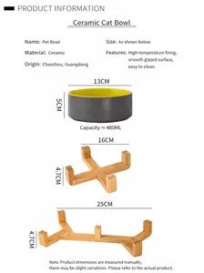 Size chart for ceramic cat bowl with dimensions of the bowl and wooden stand base