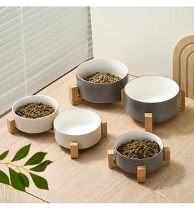 Detail view of ceramic pet bowls with wooden stand featuring dry food and water