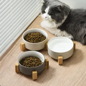 Nordic Ceramic Pet Bowl With Elevated Wood Stand Anti-Topple Cat Dog Feeding Watering Dish Non-Slip Neck Protection Ceramic Bowl For Cats Small Dogs