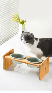 Doppel-Keramik-Katzennäpfe in Salbeigrün mit erhöhtem Holzständer für Nackenschutz