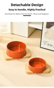 Dual orange ceramic pet bowls with bamboo base for feeding and watering your pet