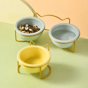 Gamelle Chat en Céramique Avec Support en Fer Oreille de Chat Mangeoire Surélevée pour Petits Chiens Chats Protection du Cou Ergonomique