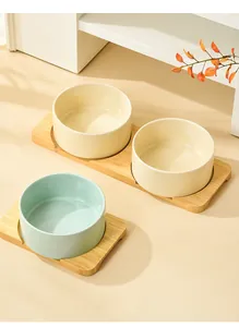 Detail of ceramic cat bowls with bamboo stand in beige and mint green colors
