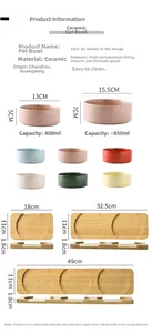 Size chart for ceramic cat bowls and bamboo stands showing dimensions and capacities