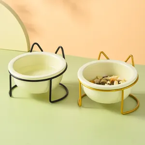 Bol pour chat en céramique avec support en fer noir et doré pour nourriture et eau
