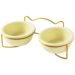 Gamelles doubles en céramique pour chats avec support doré au design d'oreilles de chat