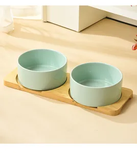 Close-up of double ceramic pet bowls in mint green with a natural bamboo stand