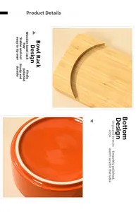 Detail of ceramic cat bowl with bamboo stand featuring non-slip bottom and secure slots