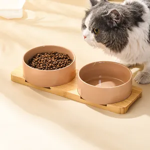 Modern ceramic double pet bowl with bamboo stand for cats and small dogs eating
