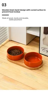 Dual ceramic pet bowls with wooden stand and ergonomic design for easy cleaning