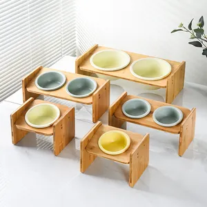Ensemble de bols pour chat en céramique avec support surélevé en bambou ergonomique