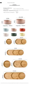 Detailed size chart for ceramic pet bowls and bamboo stand in various pastel colors