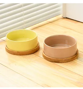 Ceramic cat bowl set in yellow and pink with bamboo wooden stands for neck protection