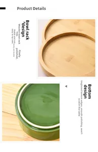 Detail of macaron green ceramic cat bowl with anti-slip bottom and bamboo wood tray