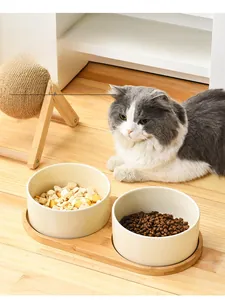 Double ceramic cat bowls with bamboo stand showing capacity for food and treats