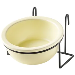 Hängender Keramiknapf für Haustiere mit schwarzer Metallhalterung für Käfige in Beige