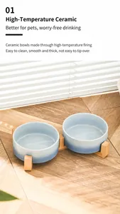 Detail of ceramic pet double bowls with elevated wood stand and gradient color finish