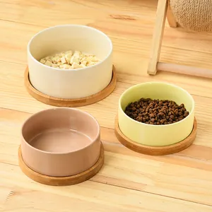 Ceramic cat bowl with bamboo stand in macaron colors for neck protection