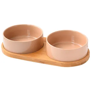 Minimalist macaron ceramic cat double bowl set with elevated natural bamboo wood stand
