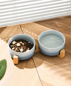 Ceramic pet bowl set with wooden stand for cats and small dogs in blue gradient