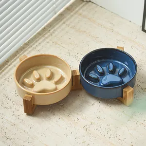Gamelles anti-glouton en céramique de style japonais avec support en bois pour chats