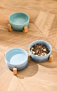 Detail of detachable ceramic pet bowls with natural wood stand for feeding and watering