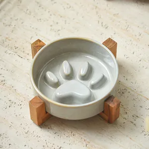 Gamelle anti-glouton japonaise en céramique avec motif patte et support en bois pour chats