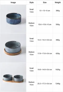 Size guide for ceramic pet bowls with wooden stands showing weights and dimensions