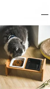 Raised bamboo pet feeder with dual ceramic bowls for cats and small dogs in a home setting