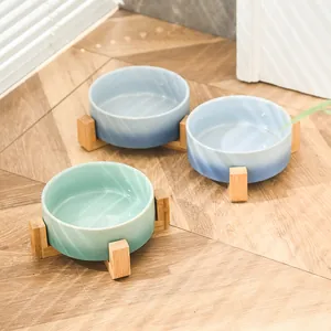 Ciotola per Animali in Ceramica Rialzata E Supporto in Legno Sfumato Blu Verde per Gatto Cane Alimentazione Quotidiana Protezione del Collo