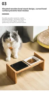 Close-up of square ceramic elevated cat bowls with wooden stand and tilted neck protection