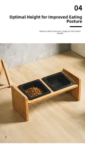 Dual square ceramic pet bowls with ergonomic elevated bamboo stand for neck protection