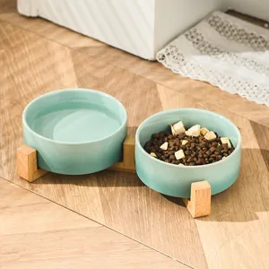 Set di ciotole in ceramica rialzate per gatti con supporto in bambù e due ciotole blu