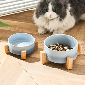 Set di ciotole rialzate in ceramica con supporti in legno sfumatura blu