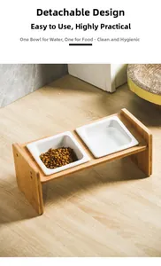 Detailed view of the detachable bamboo stand and square ceramic double pet bowls for cats
