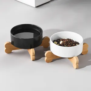 Elevated Ceramic Cat Bowl Bone Shaped Wooden Stand Anti Vomit Pet Feeding Bowl Neck Protection Water Dish For Cats Dogs