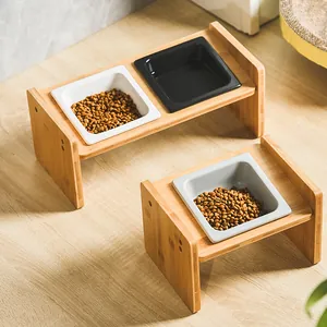 Square Elevated Ceramic Pet Bowl and Bamboo Wood Stand Tilted Neck Protection Cat Dog Water Food Feeder Home Bowl Station