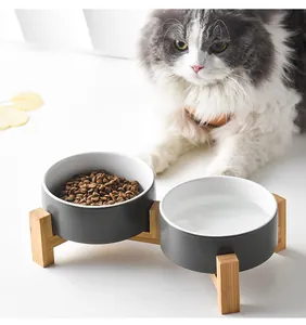 Ceramic elevated pet double bowl set with bamboo stand for cat food and water