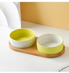 Minimalist ceramic double pet bowl set with bamboo tray for small cats and dogs
